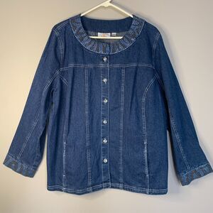 Quacker Factory Jean Jacket Womens 1X  Blue Sequined Denim Rhinestones Pockets